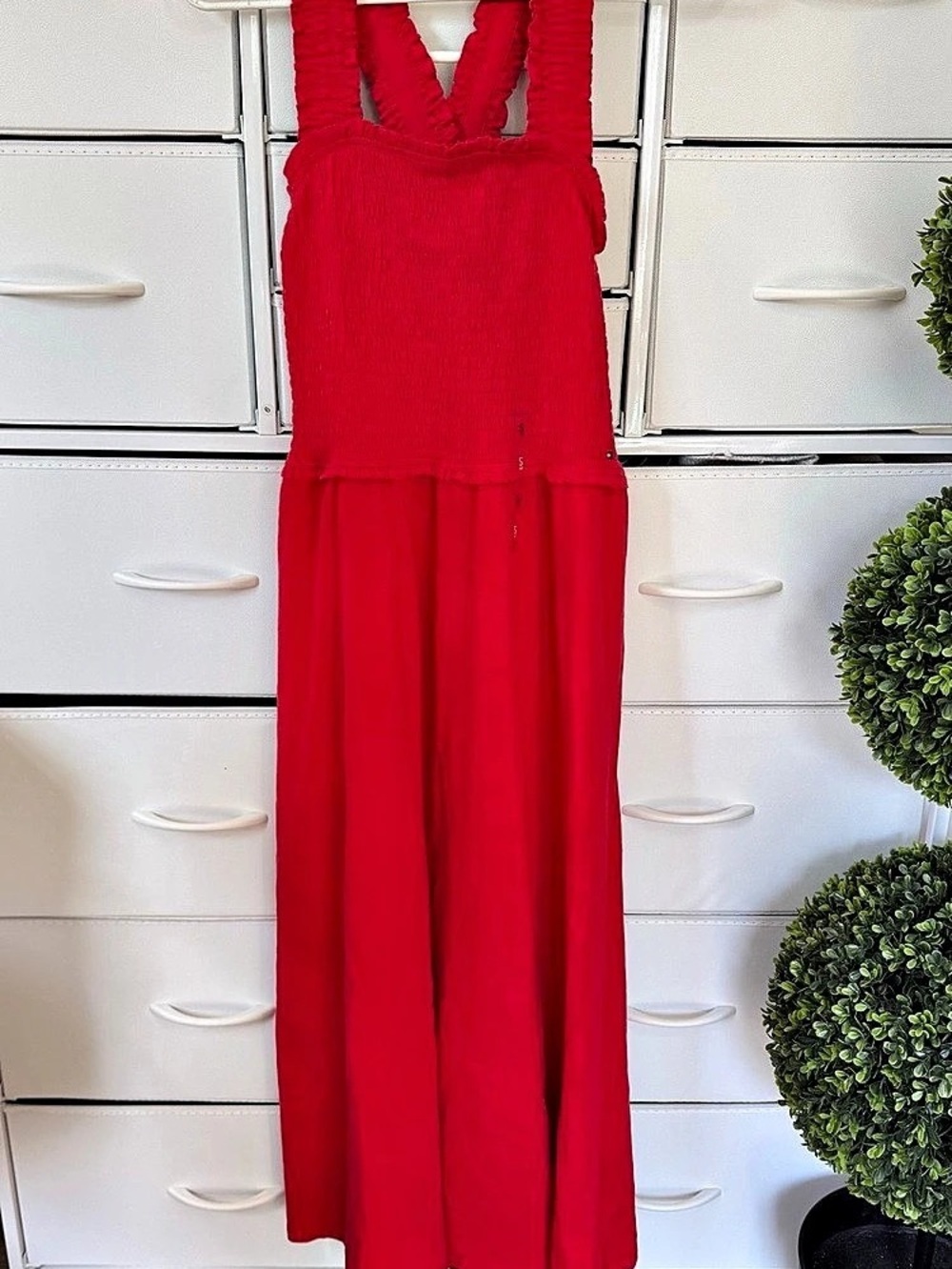 Tommy Hilfiger Mykonos Red Smocked Maxi Dress Size S NWT